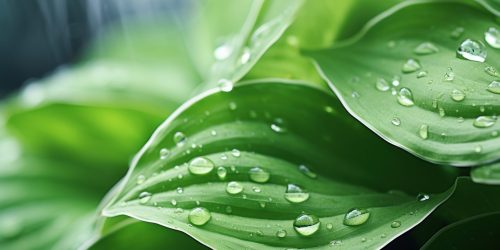Fresh hosta plant leaves after rain with water drops.. Wallpaper Poster Template for Organic Cosmetics Wellness Spa Fashion Concept. AI generated